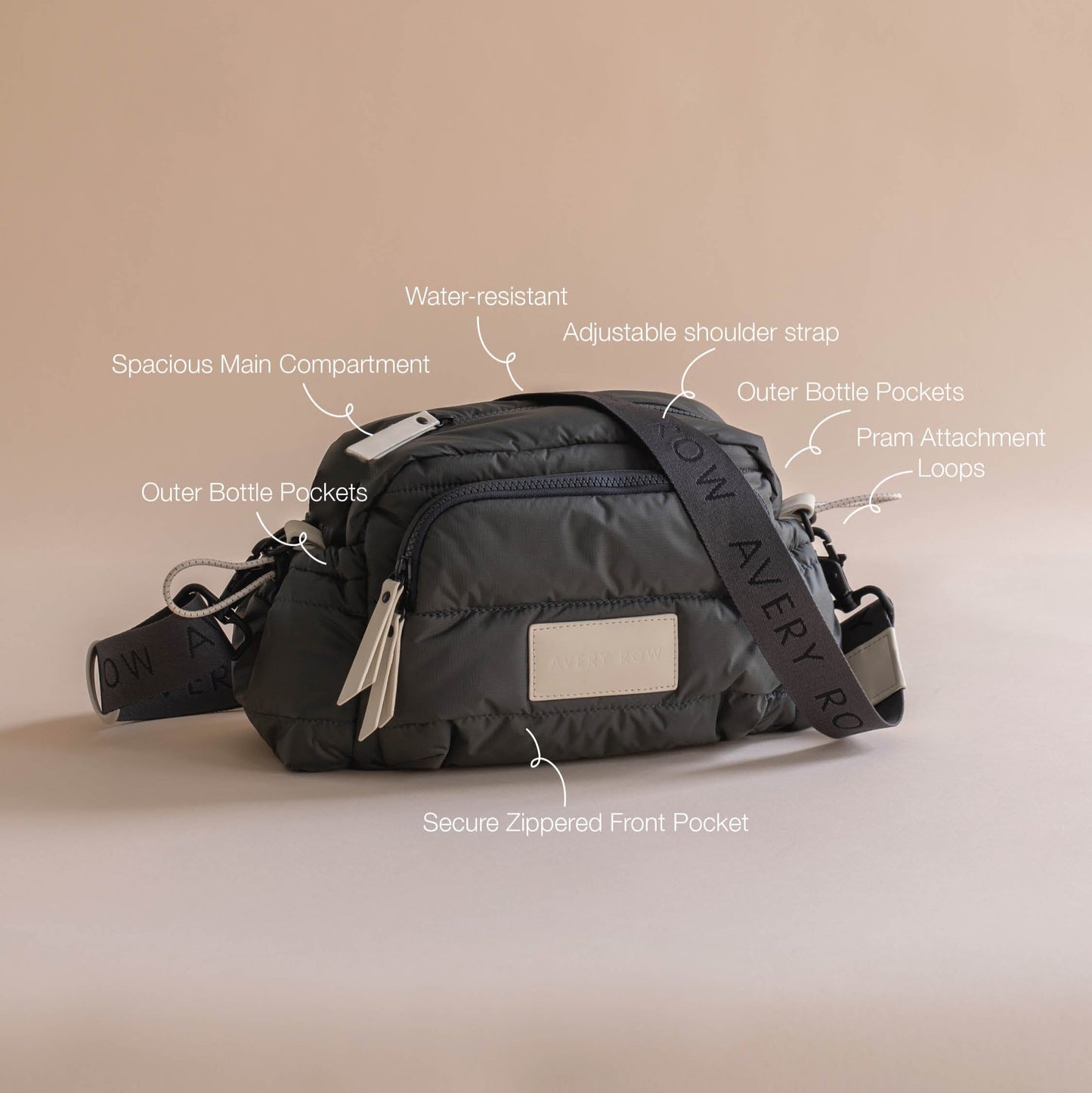 Black bag with features labeled on a beige background