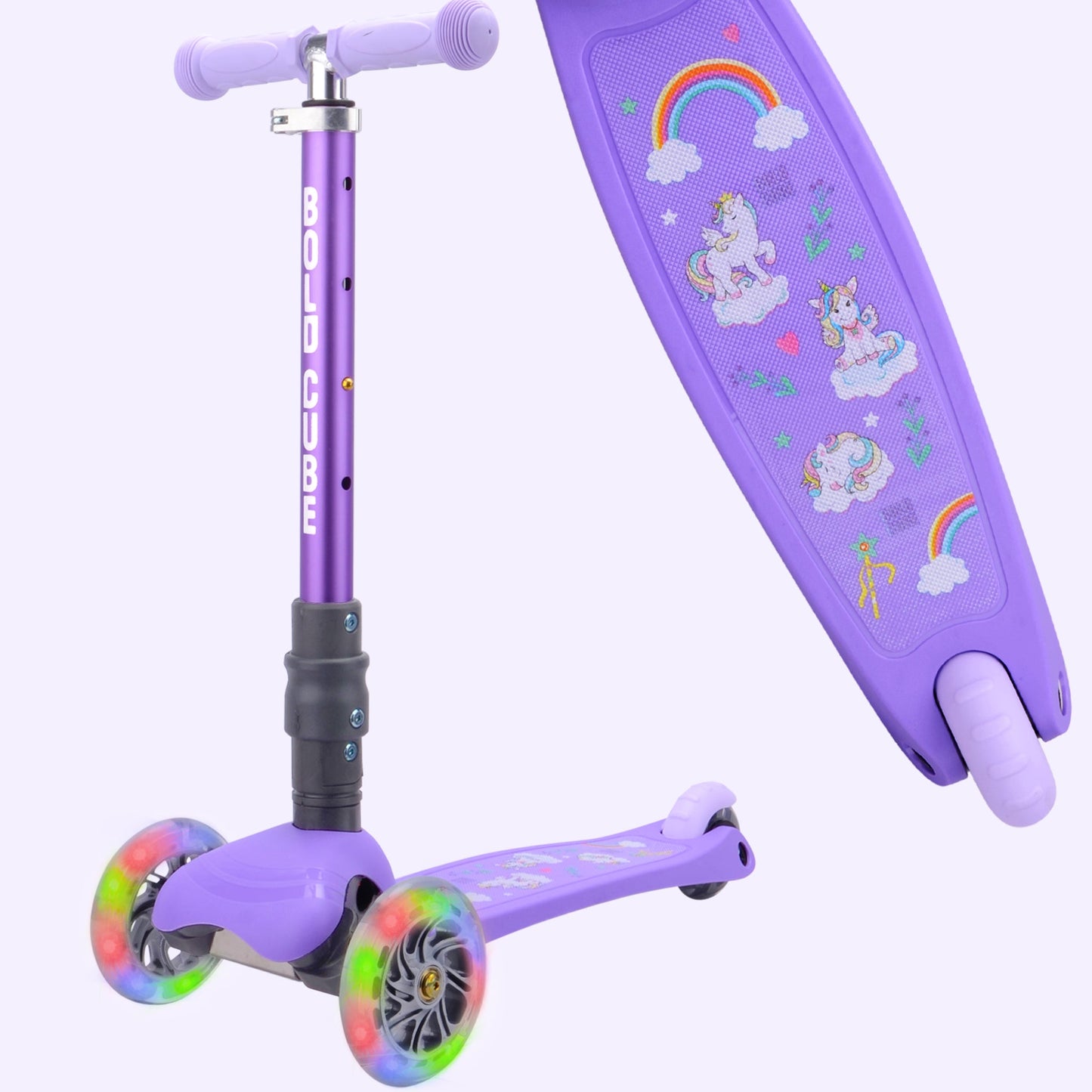 Purple children's scooter with unicorn and rainbow design on the deck against a white background