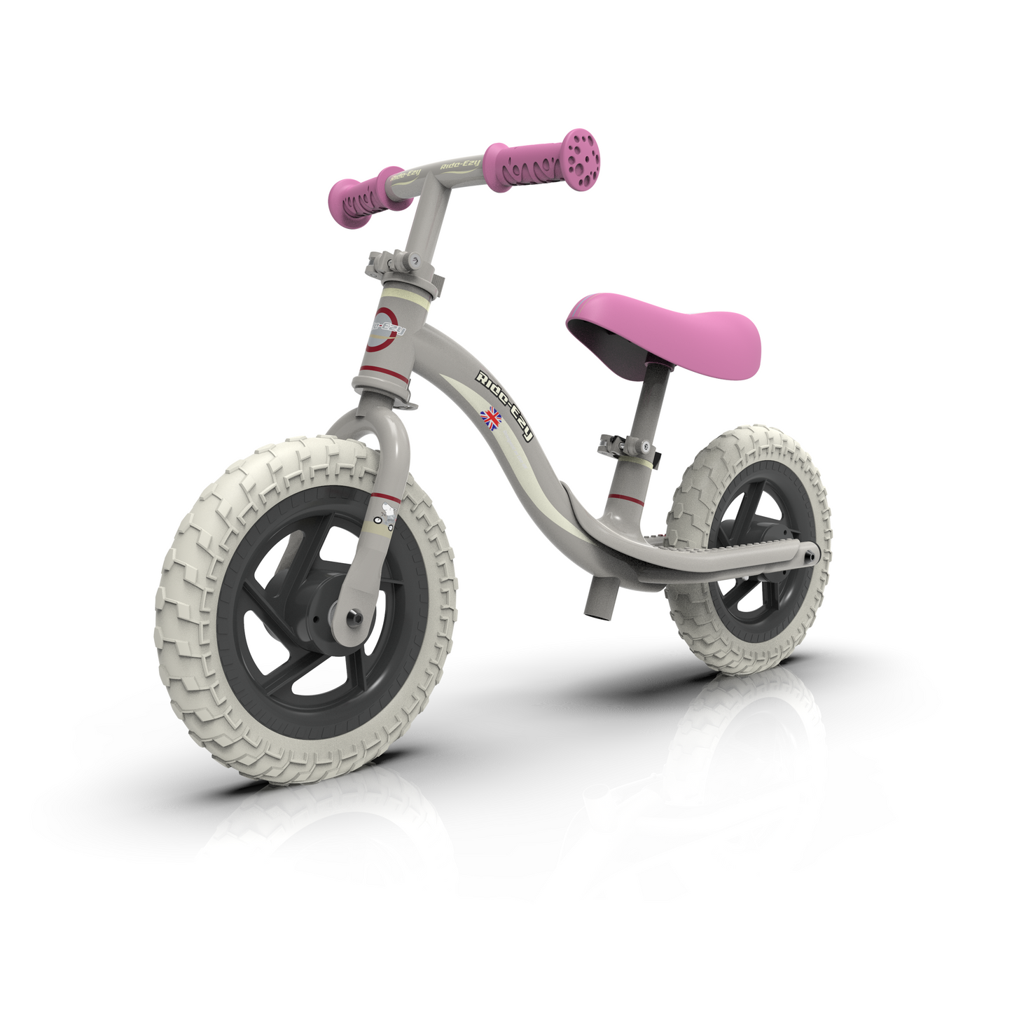 Children's balance bike with pink handlebars and seat on a white background
