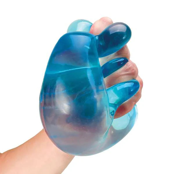 Blue gel hand roller held by a hand on a white background