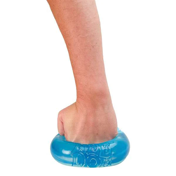 Hand holding a blue stress ball against a white background