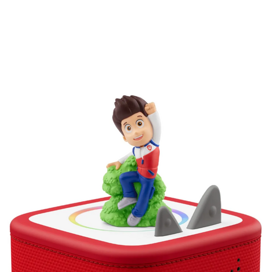 Toy figure of a character on a red and white base with a shark fin