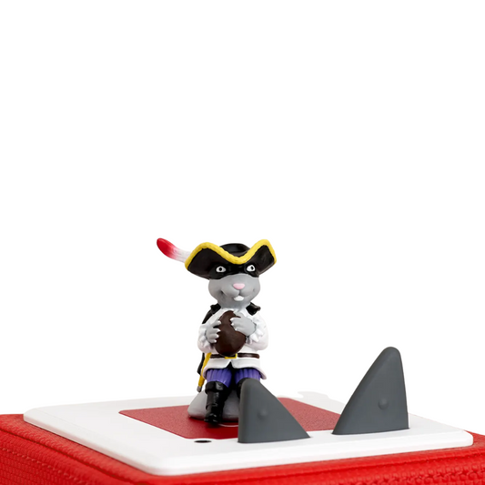 Pirate-themed figurine on a red and white base with a shark fin design.