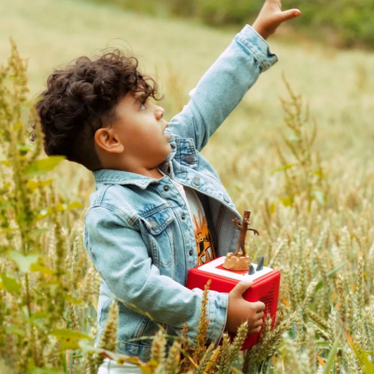Child in a denim jacket holding a red toy suitcase in a field