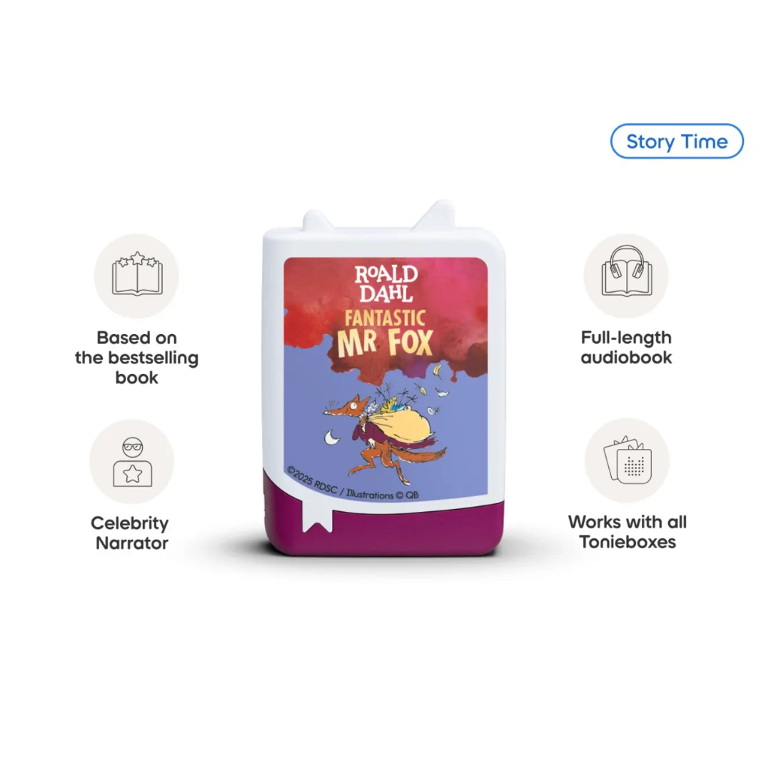 Roald Dahl 'Fantastic Mr Fox' audiobook container with features listed on a white background