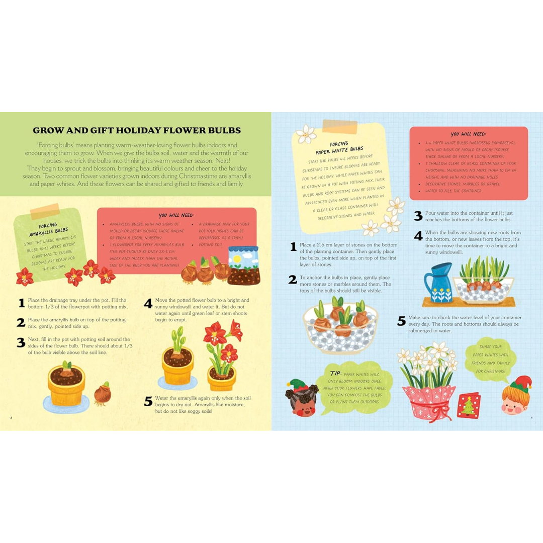 Gardening guide with step-by-step instructions for growing flower bulbs, featuring illustrations and text on a white background.
