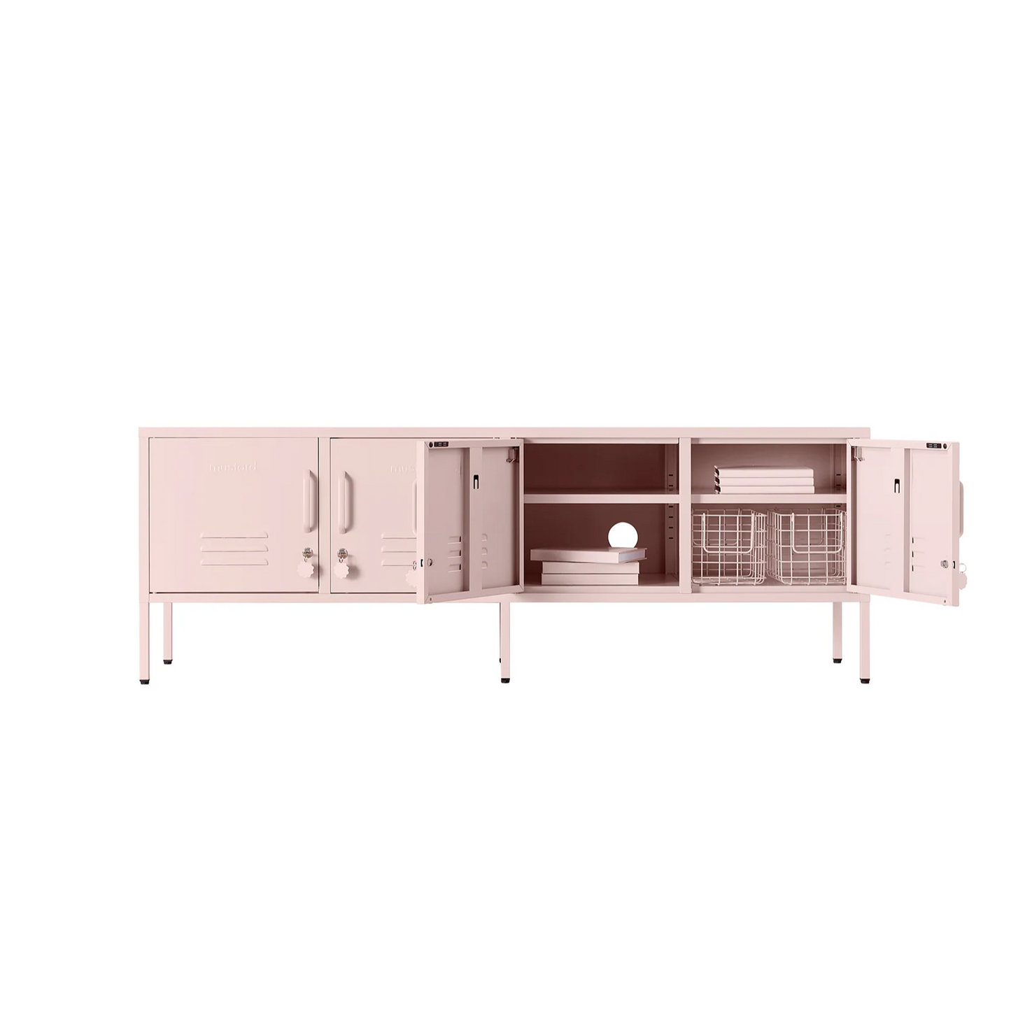 Pink sideboard with open doors on a white background