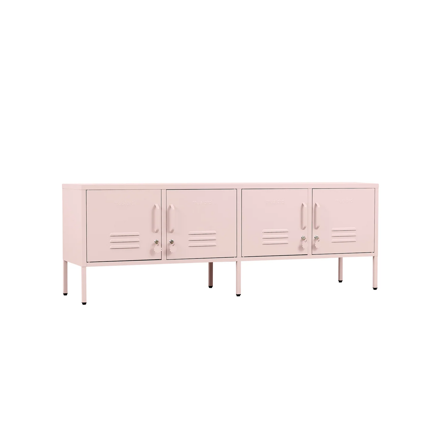 Pink metal locker-style cabinet on a white background