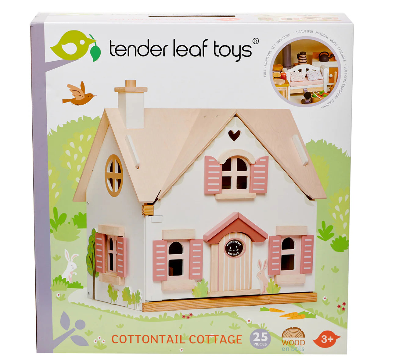Tender Leaf Toys Cottontail Cottage packaging with a toy house illustration on a white background.