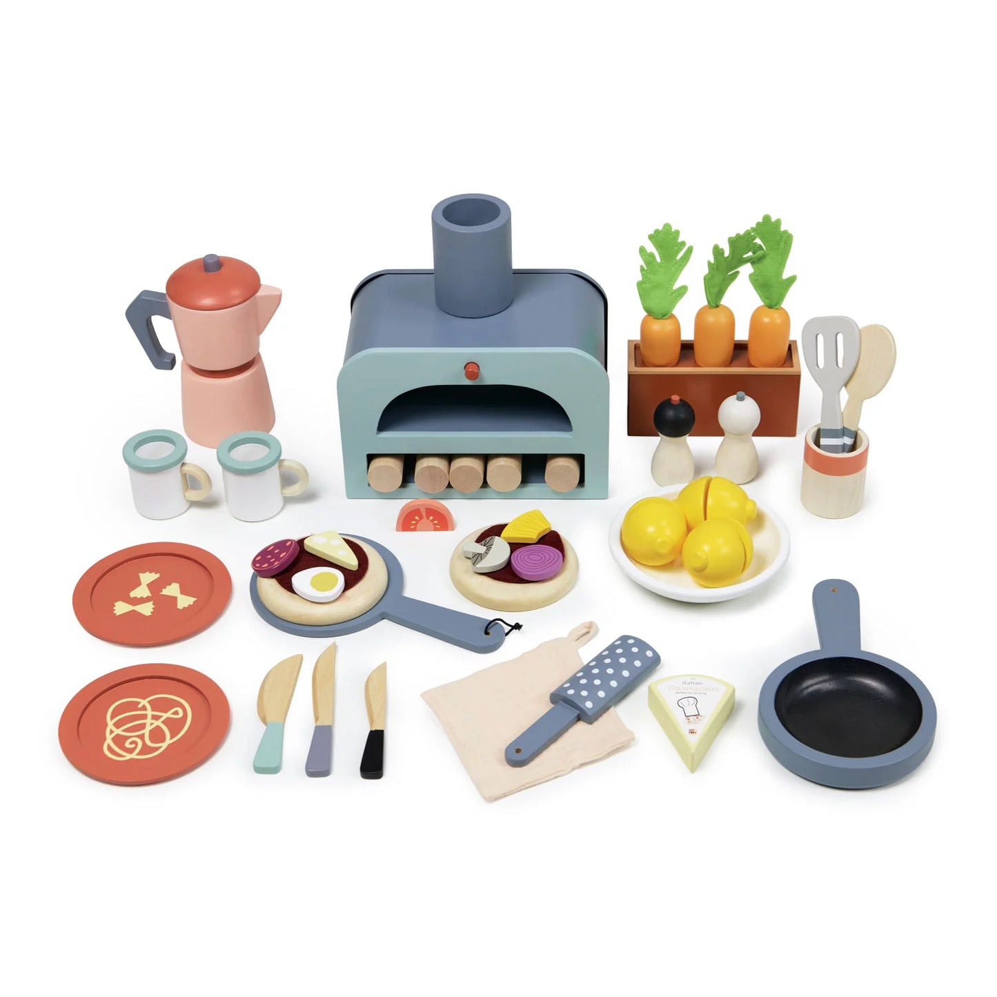 Collection of toy kitchen items including a pizza oven, cookware, and food items on a white background