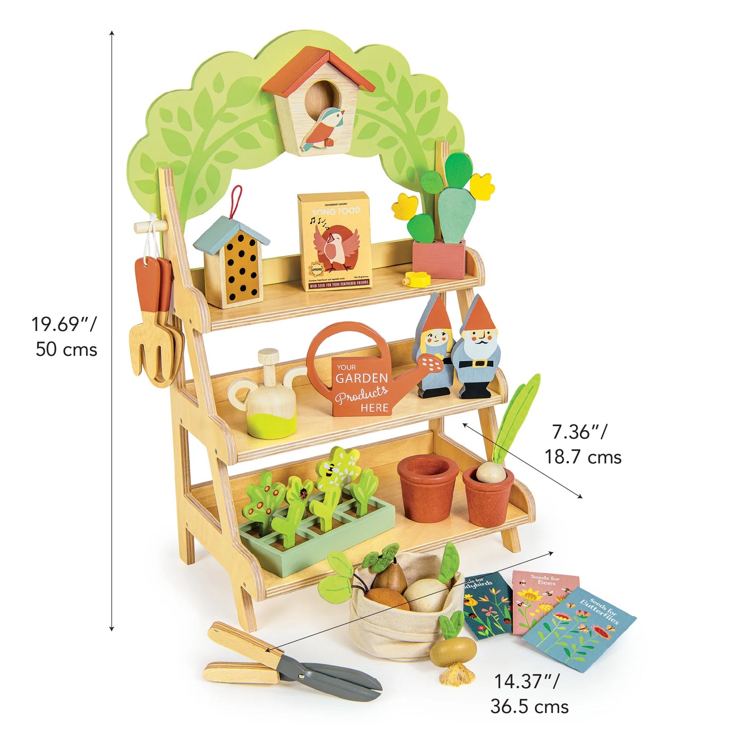 Wooden play set with shelves, plants, and gardening tools on a white background