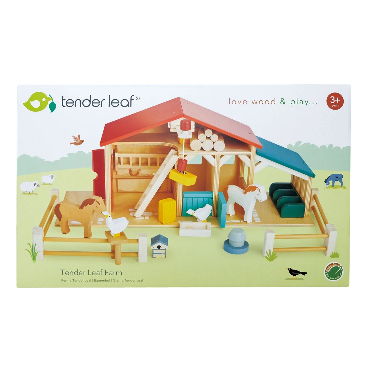 Tender Leaf Farm toy set packaging with farm animals and structures on a white background