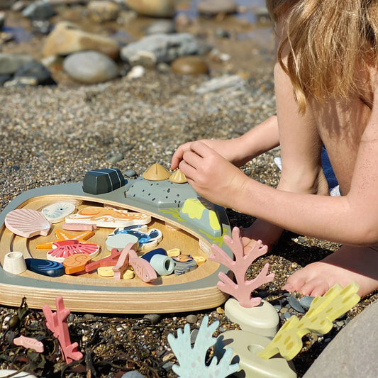 Child playing with toy sea creatures on a beach