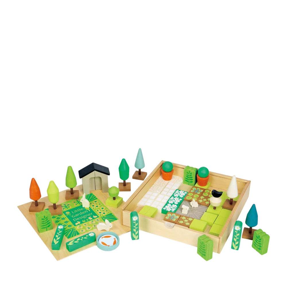 Wooden garden playset with trees, house, and various elements on a white background