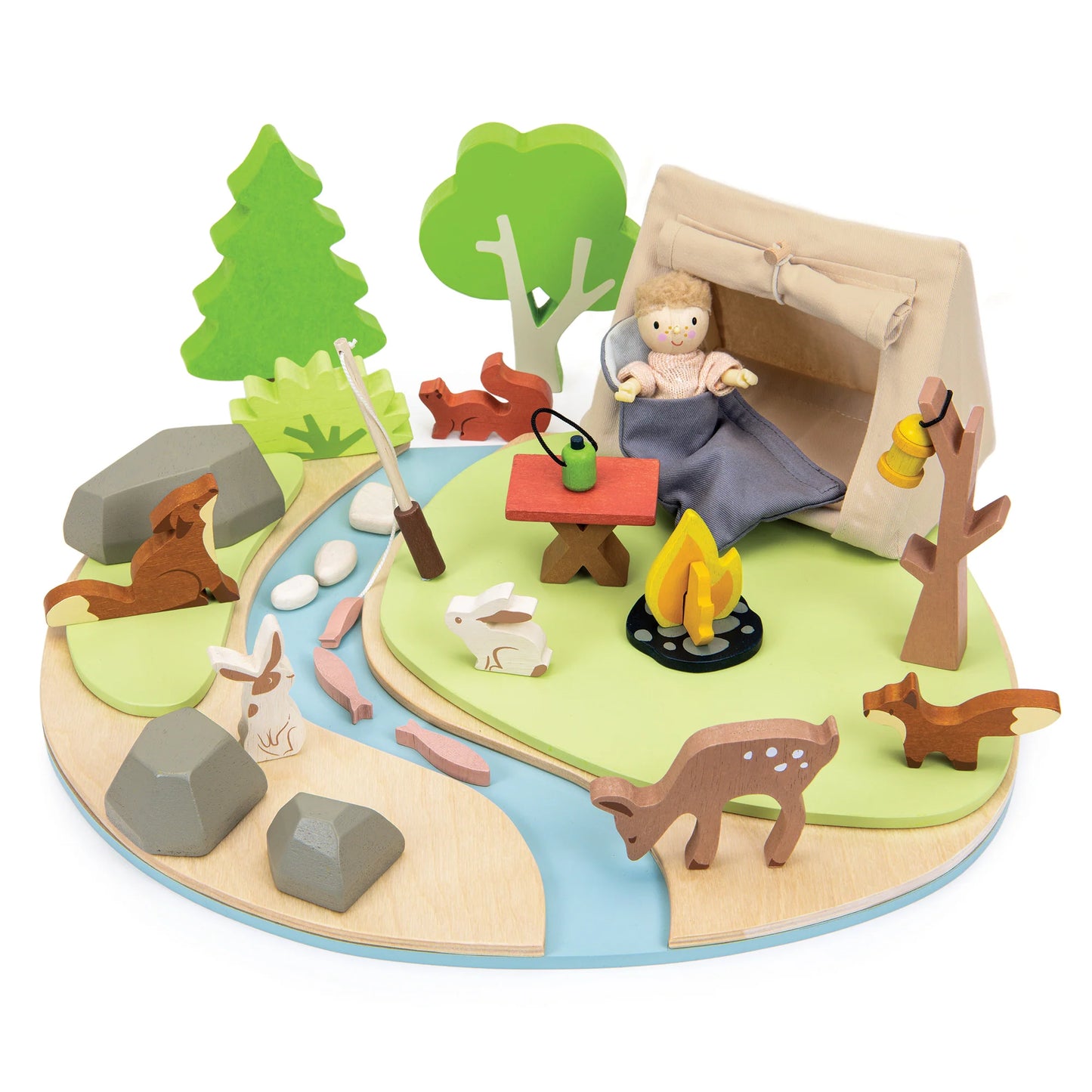 Wooden playset with a child in a tent, animals, and nature elements on a white background