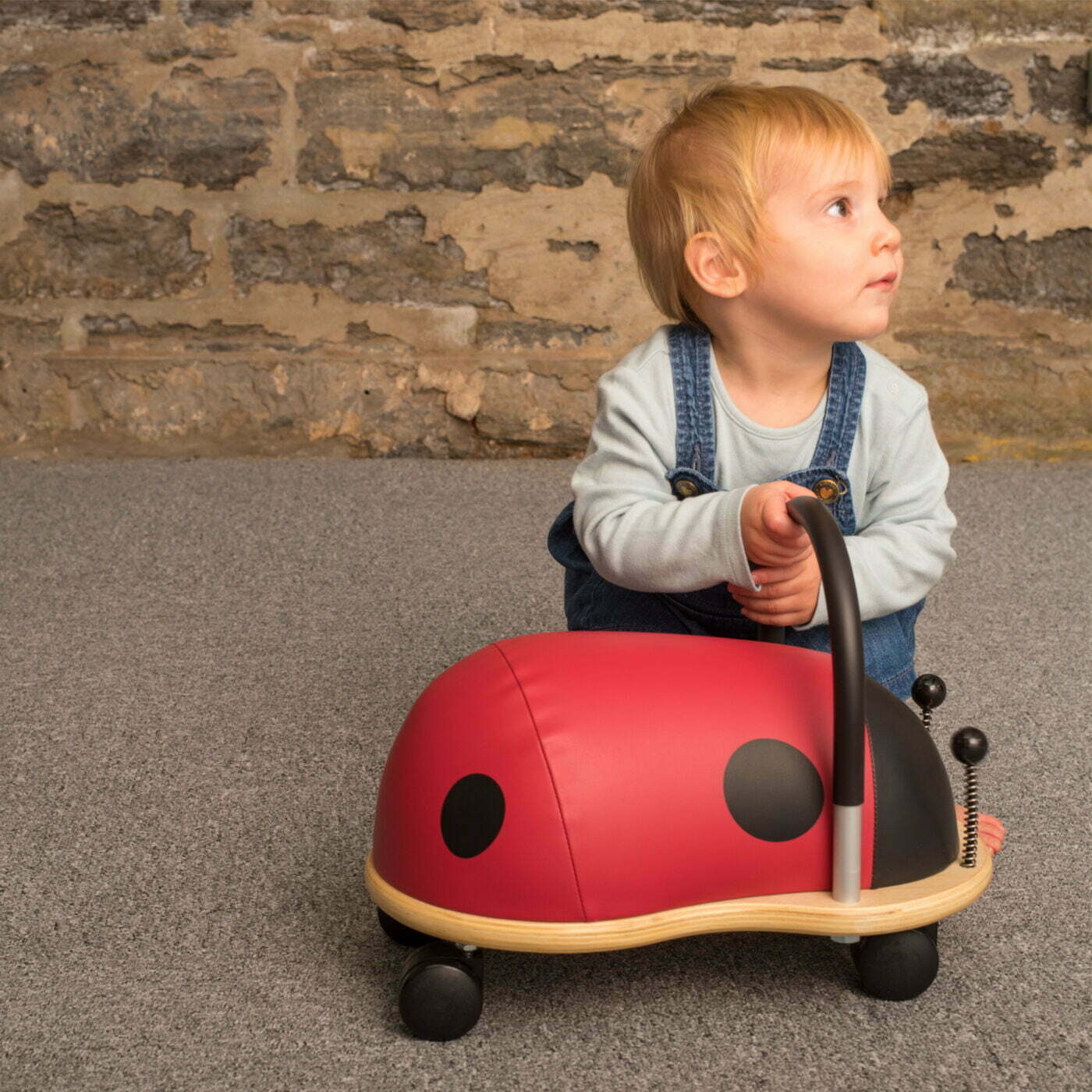 Child sat with a ladybug rid eon toy