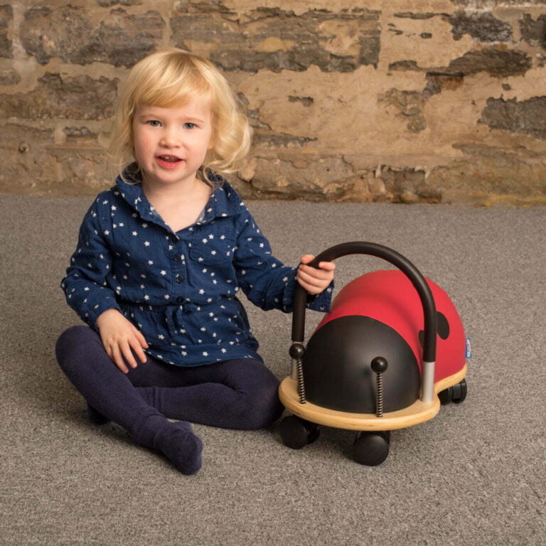 Child sat with a ladybug ride on toy