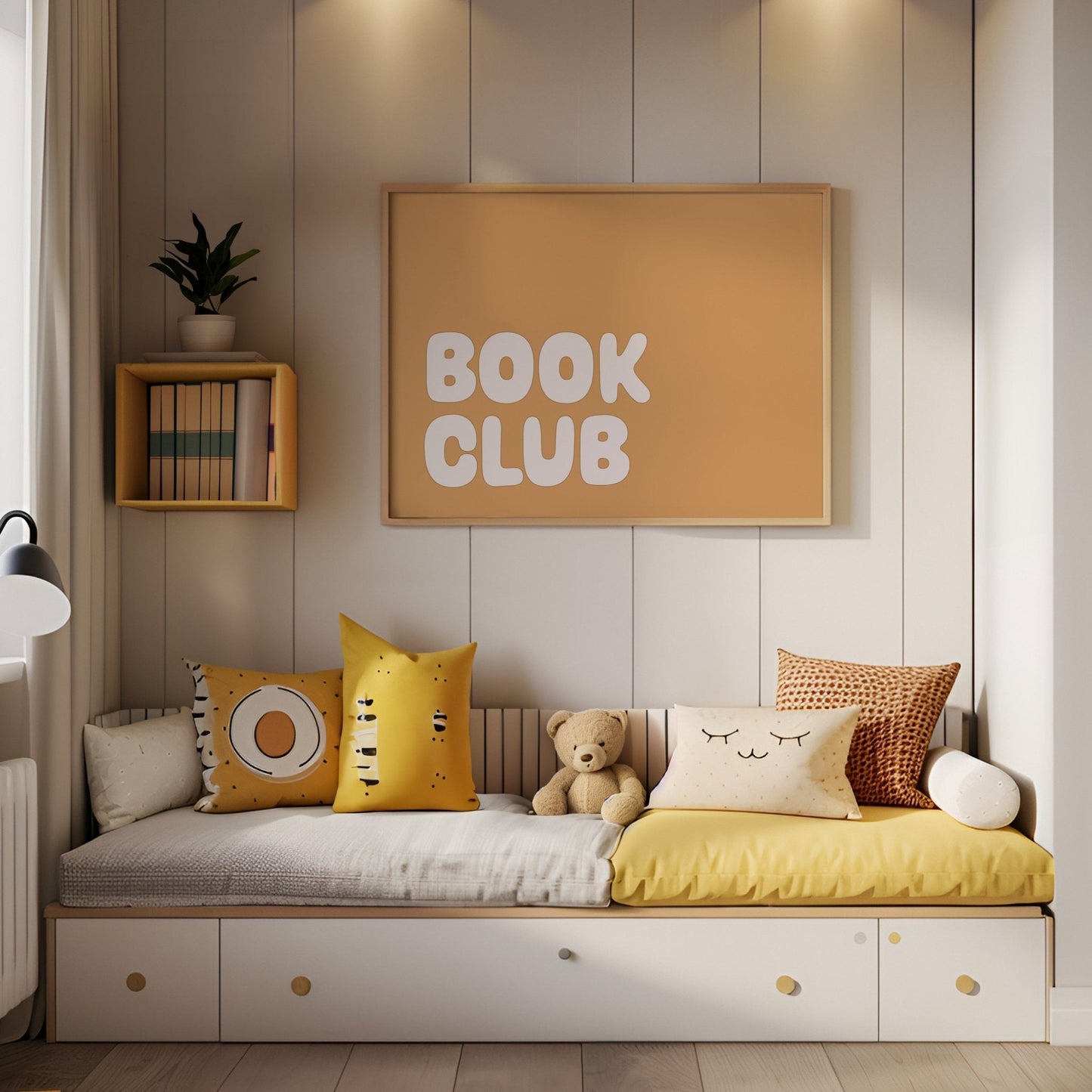 Children's bedroom with a reading nook featuring a 'Book Club' sign.