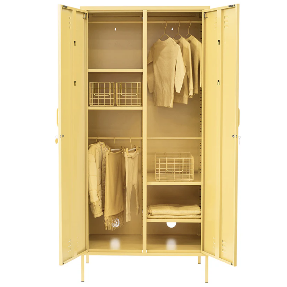Yellow locker with clothes and shelves on a white background