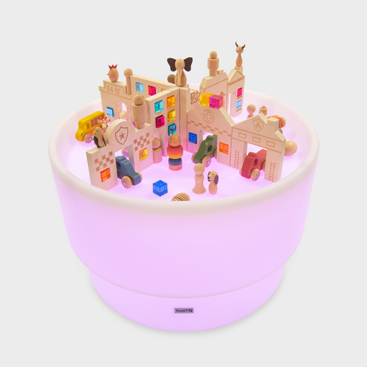 Sensory toy table with a town play scene set up