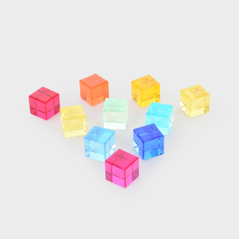 Colorful transparent cube-shaped objects on a white background