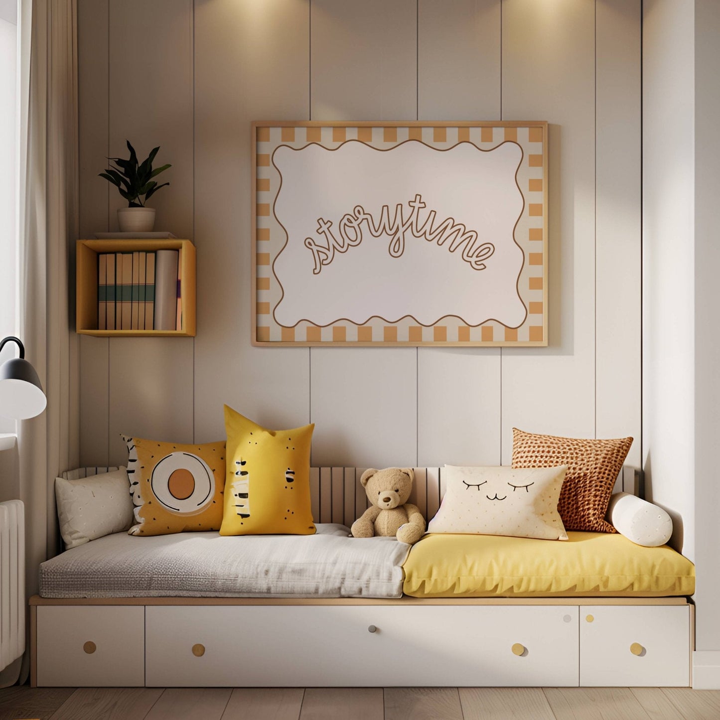 Children's reading nook with cushions, teddy bear, and 'storytime' sign on wall.