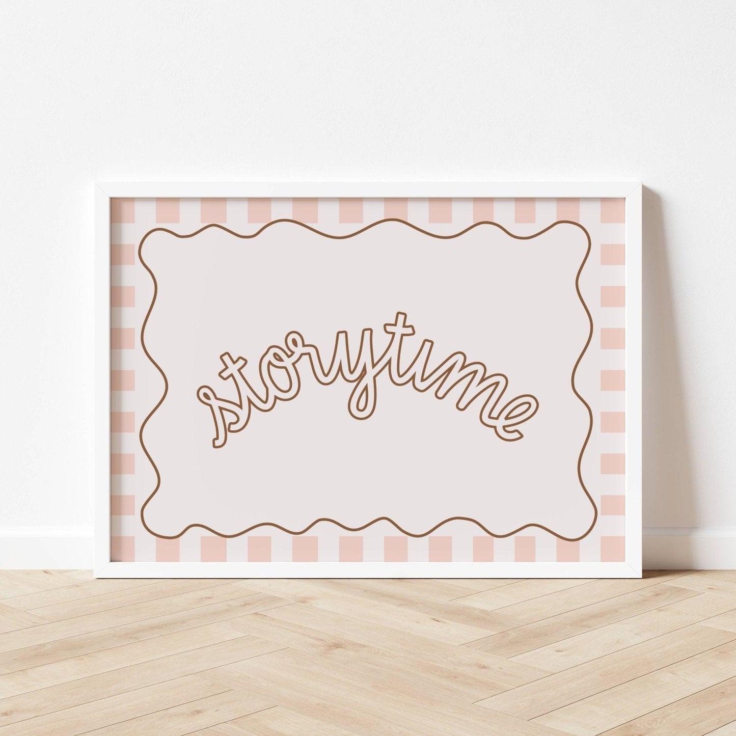 Framed artwork with 'storytime' text on a checkered background