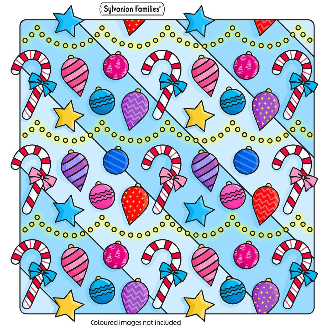 Colorful Christmas-themed pattern with ornaments and candy canes on a blue background, featuring the Sylvanian Families logo.