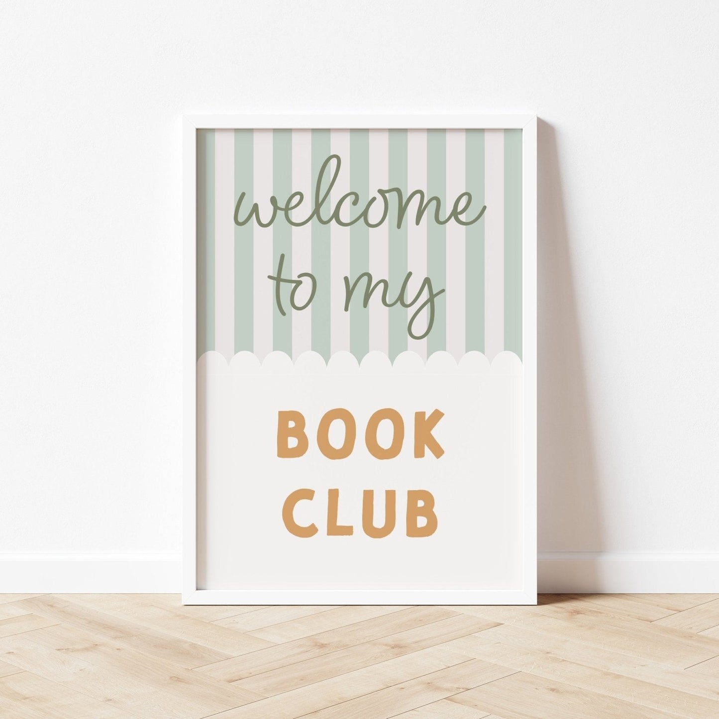 Decorative sign with 'welcome to my book club' text on a striped background