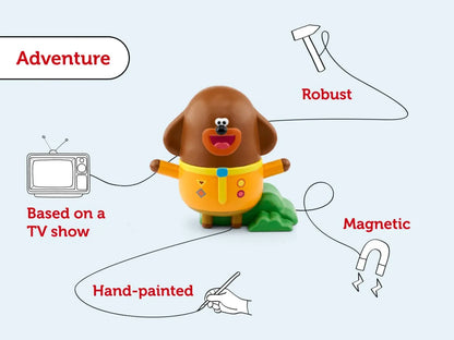 Toy figure with features like 'Adventure', 'Robust', 'Magnetic', and 'Hand-painted' on a light gray background.