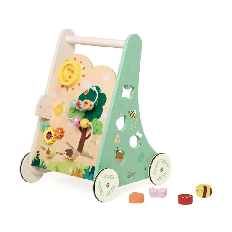 Children's wooden activity walker with wheels on a white background