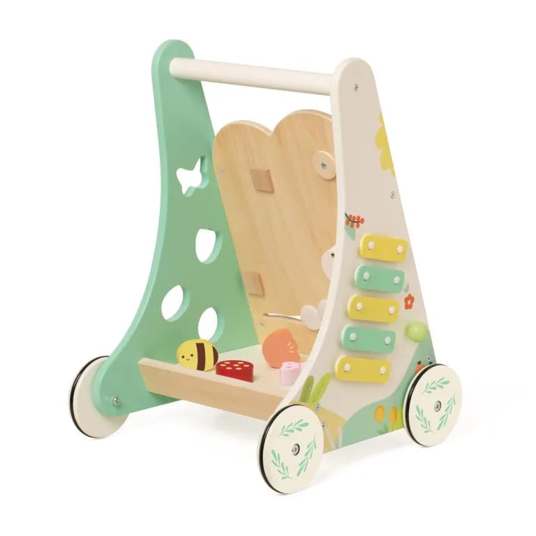 Wooden toy with colorful wheels and a green and white design on a white background