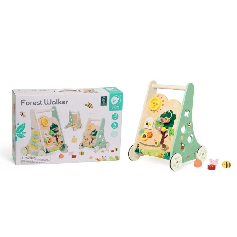 Children's wooden walker with 'Forest Walker' packaging on a white background