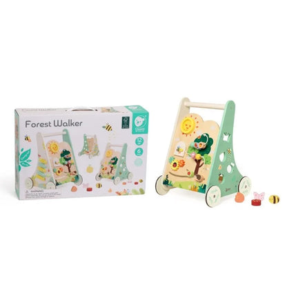 Children's wooden walker with 'Forest Walker' packaging on a white background