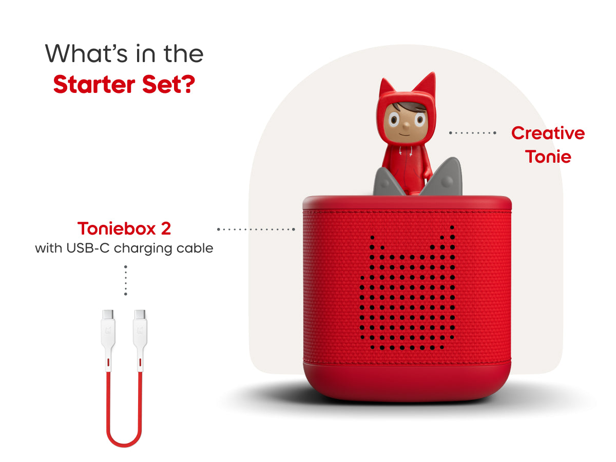 Toniebox 2 with USB-C charging cable and Creative Tonie on a white background