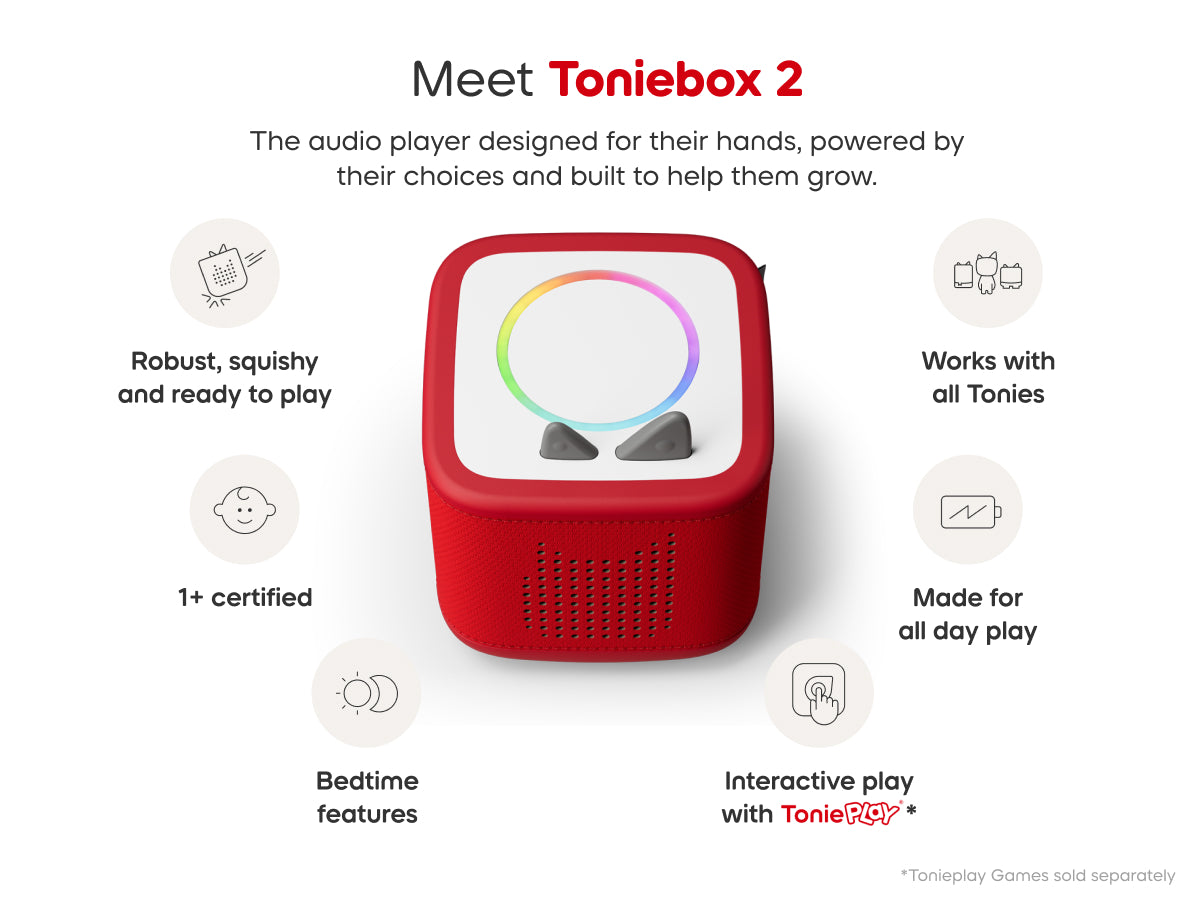 Toniebox 2 audio player with features listed on a white background