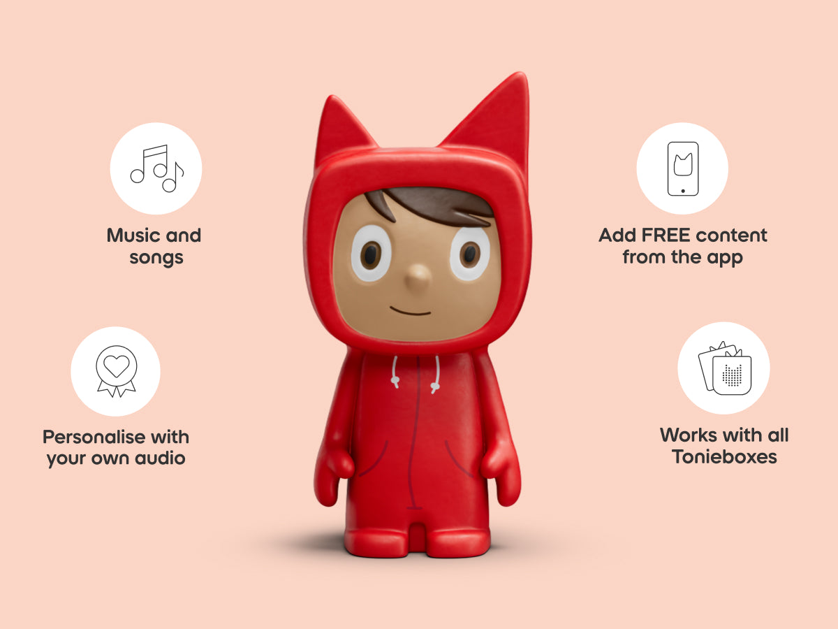 Red character toy with features listed on a pink background