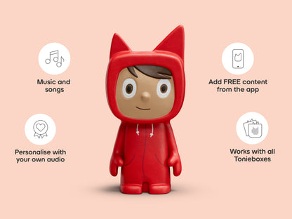 Red character toy with features listed on a pink background