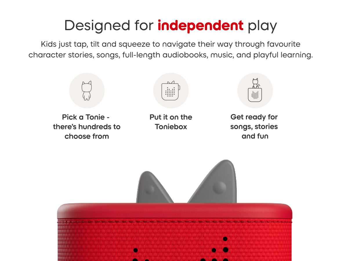 Red electronic device with gray accents on a white background, featuring text about independent play and product features.