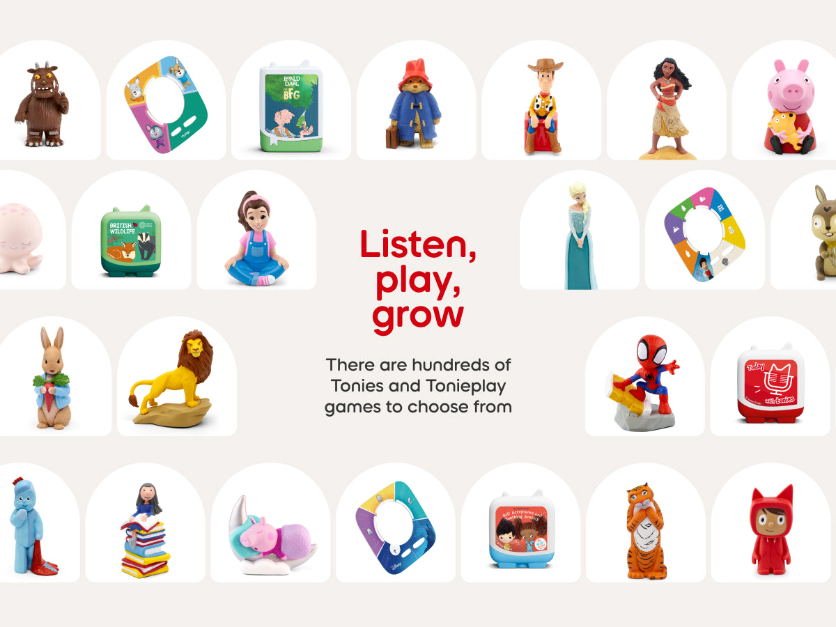 Collection of toys and educational games with 'Listen, play, grow' text on a light background