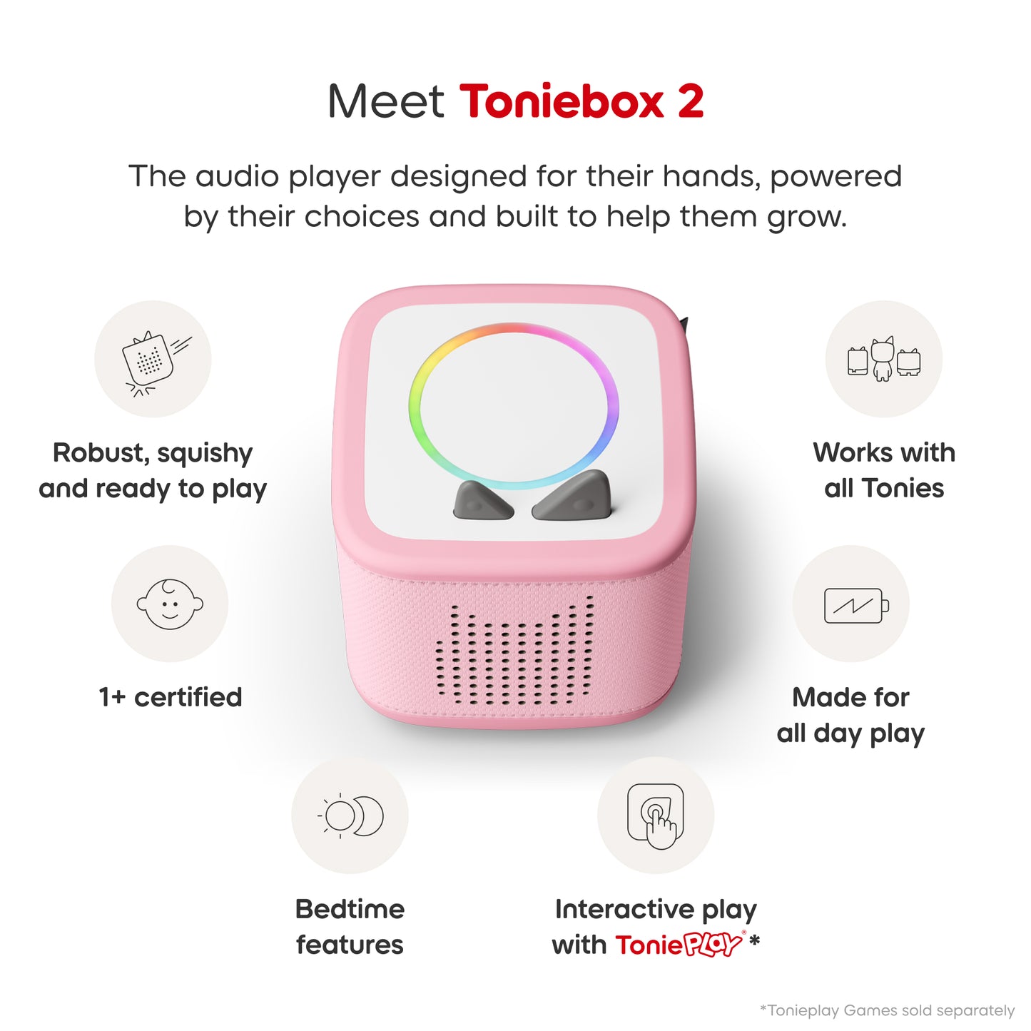 Pink Toniebox 2 audio player with features listed on a white background