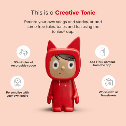 Red Tonie toy with features listed on a pink background