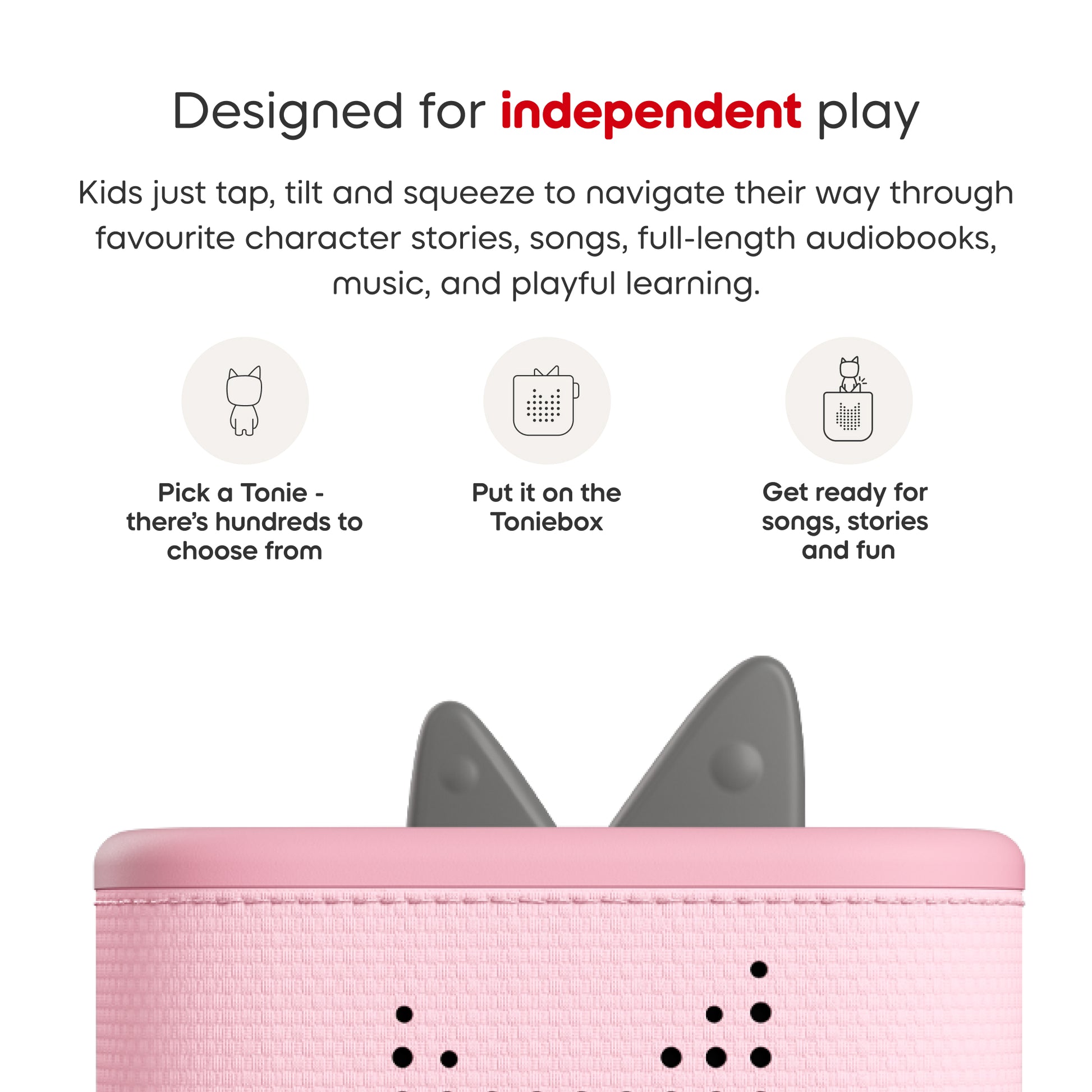 Pink toy with cat ears and text about independent play on a white background