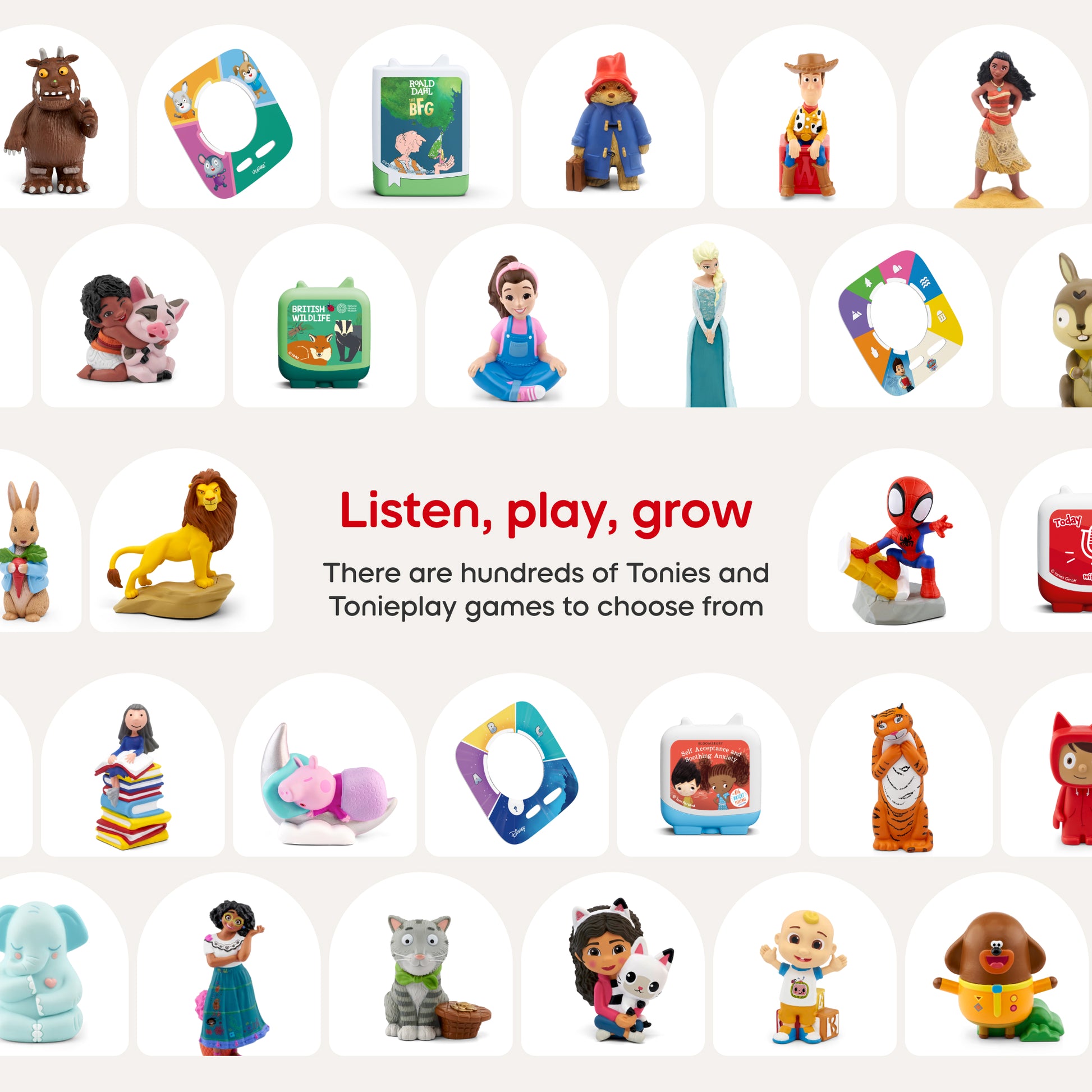Collection of Tonie figurines and boxes on a white background with text 'Listen, play, grow'.