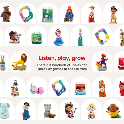 Collection of Tonie figurines and boxes on a white background with text 'Listen, play, grow'.