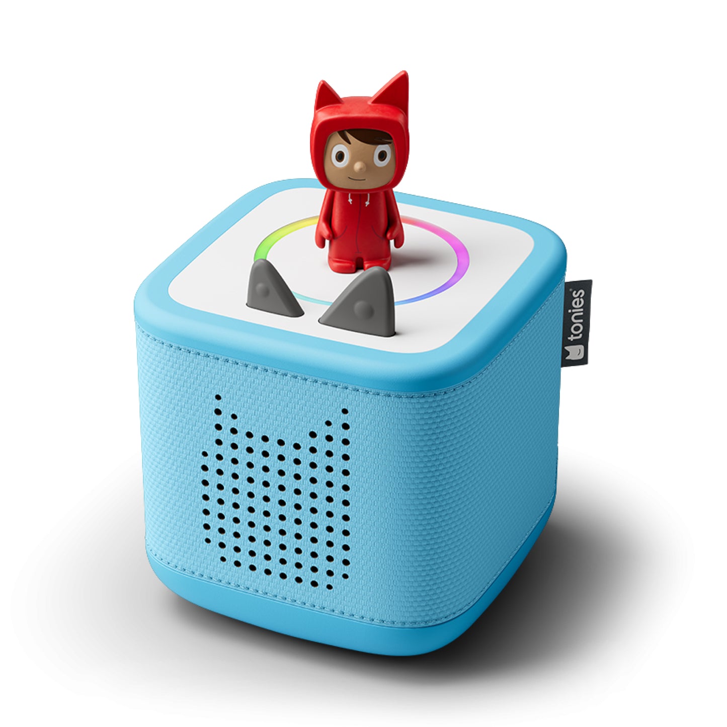 Blue toy speaker with a red hooded figure on a white background
