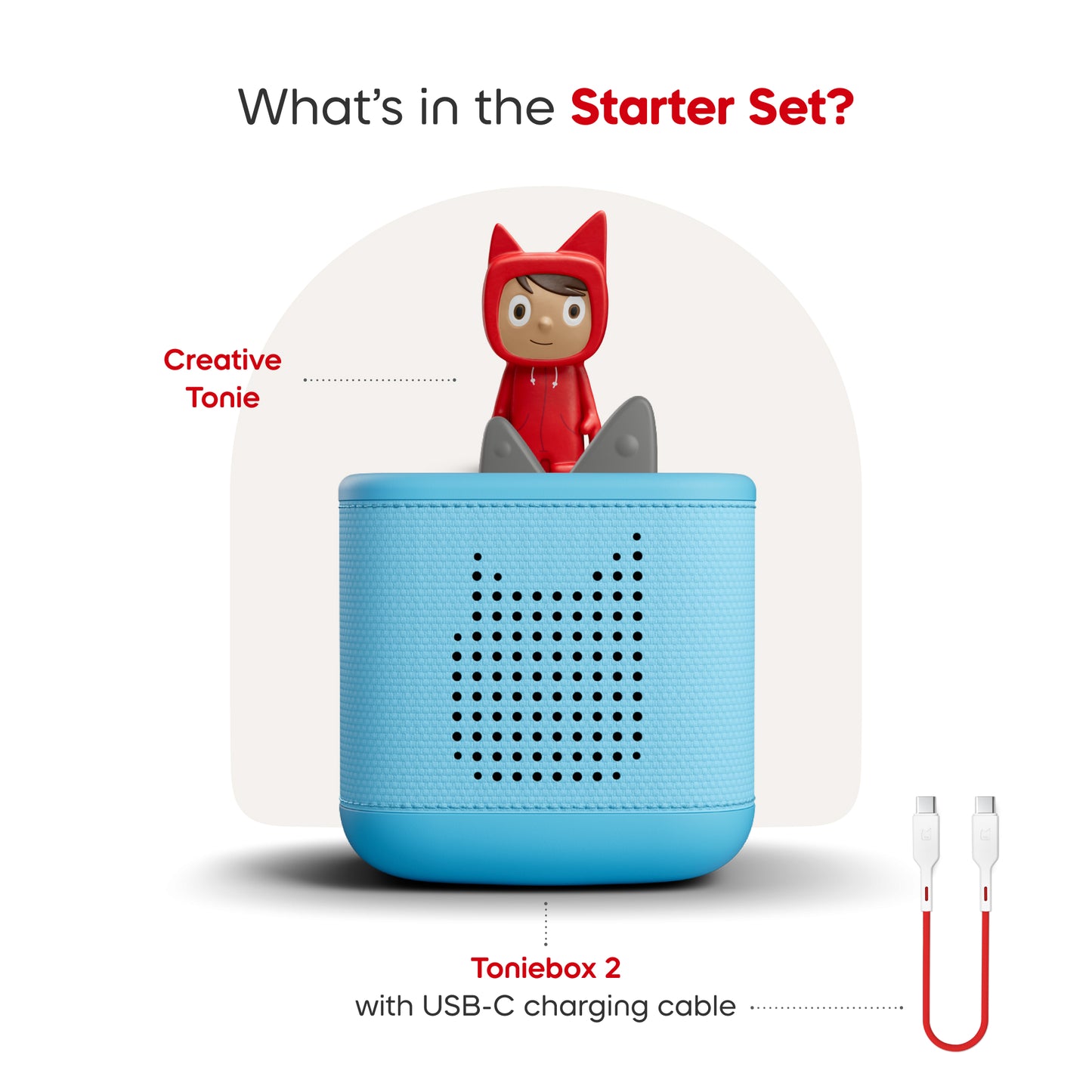 Toniebox 2 with USB-C charging cable and a red hooded figure on a white background
