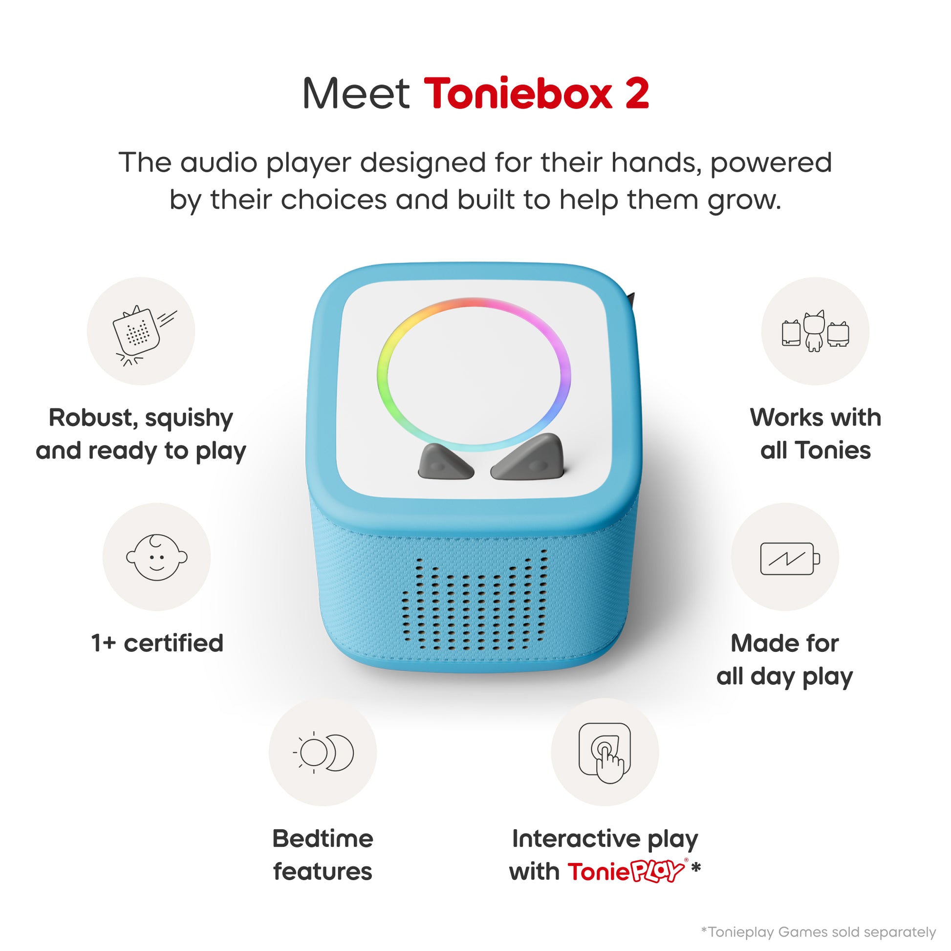 Toniebox 2 audio player with features listed on a white background