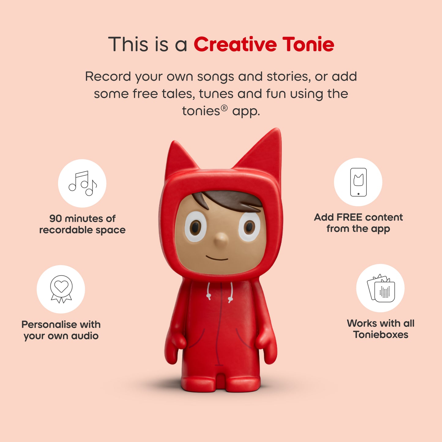 Red Tonie toy with features listed on a pink background