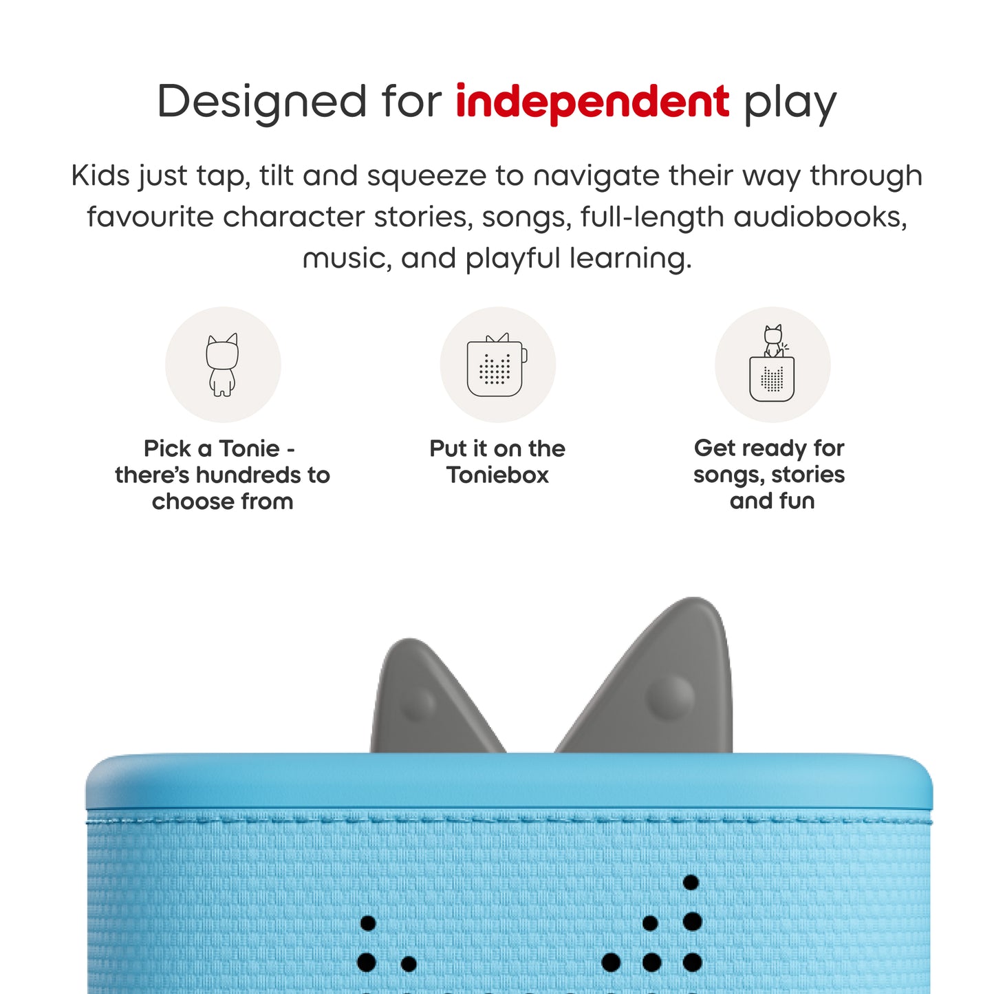 Blue toy with text about independent play and features on a white background